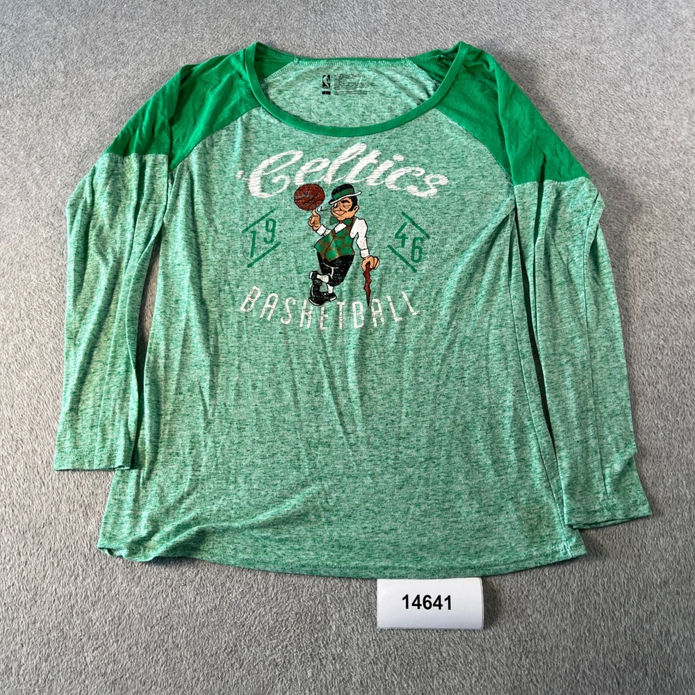 Boston Celtics Shirt Womens Large Heather Green NBA Baseball Linen Graphic Print